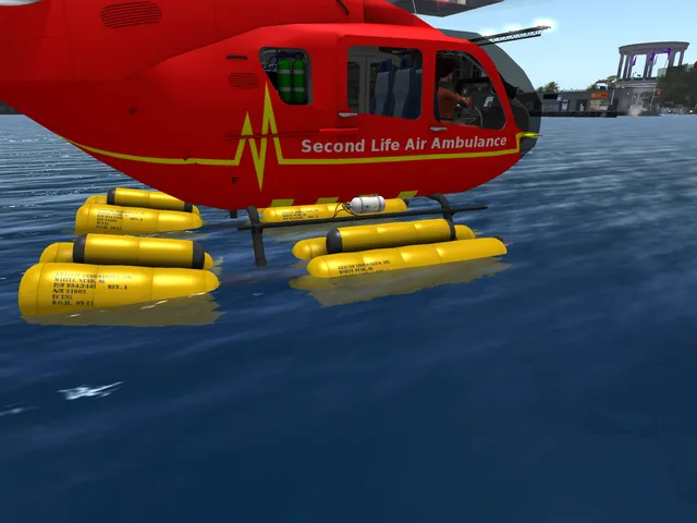 Helicopter equipped with emergency flotation devices on skids