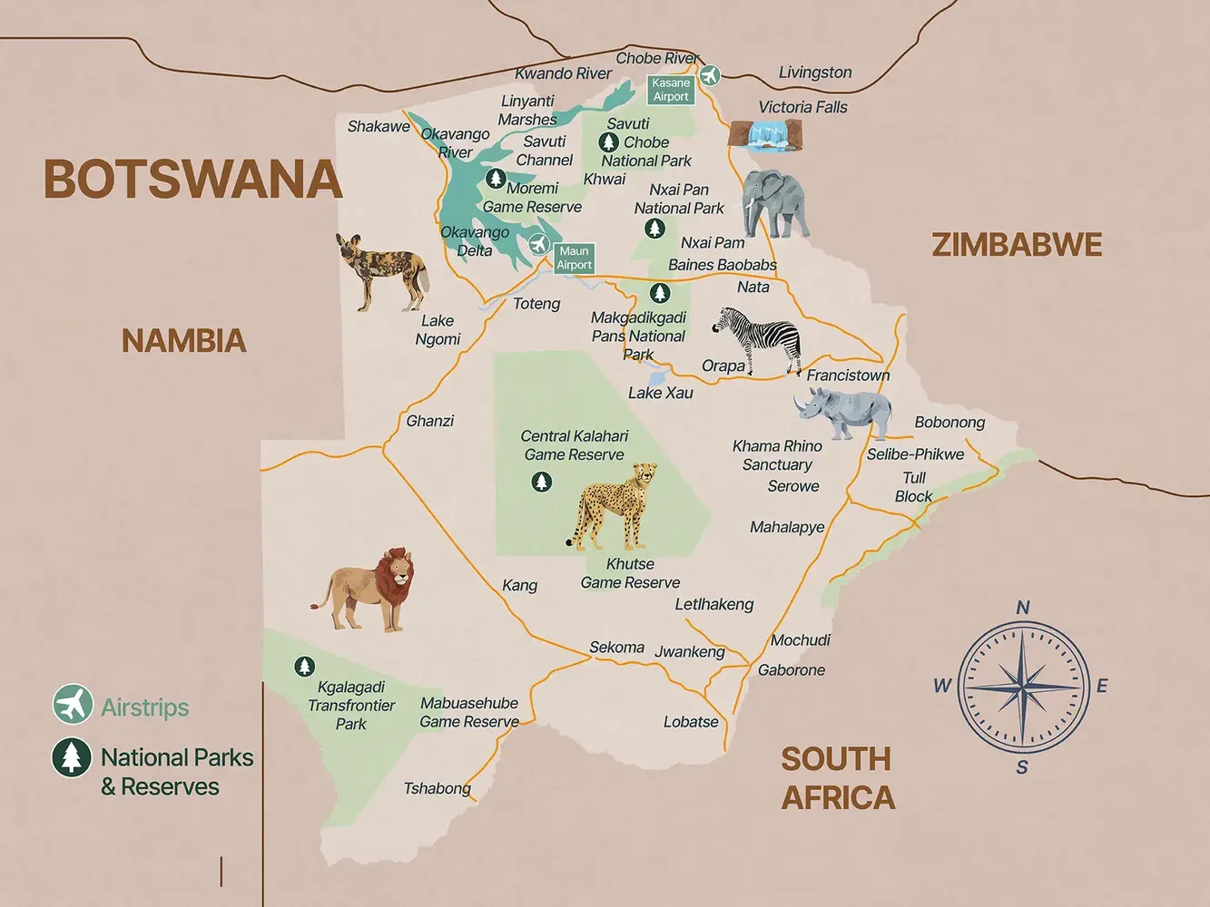 Map of Botswana safari destinations