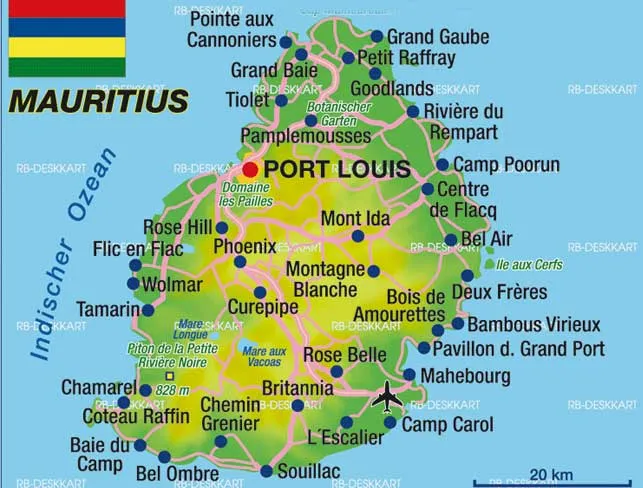 Map of Mauritius highlighting key attractions
