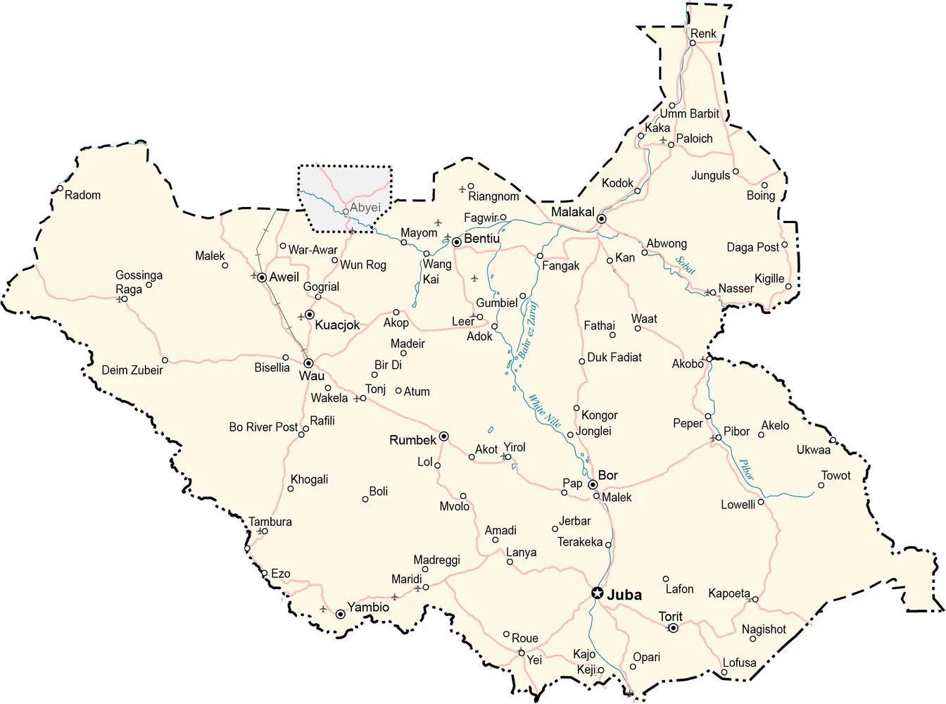 Map of South Sudan highlighting key attractions