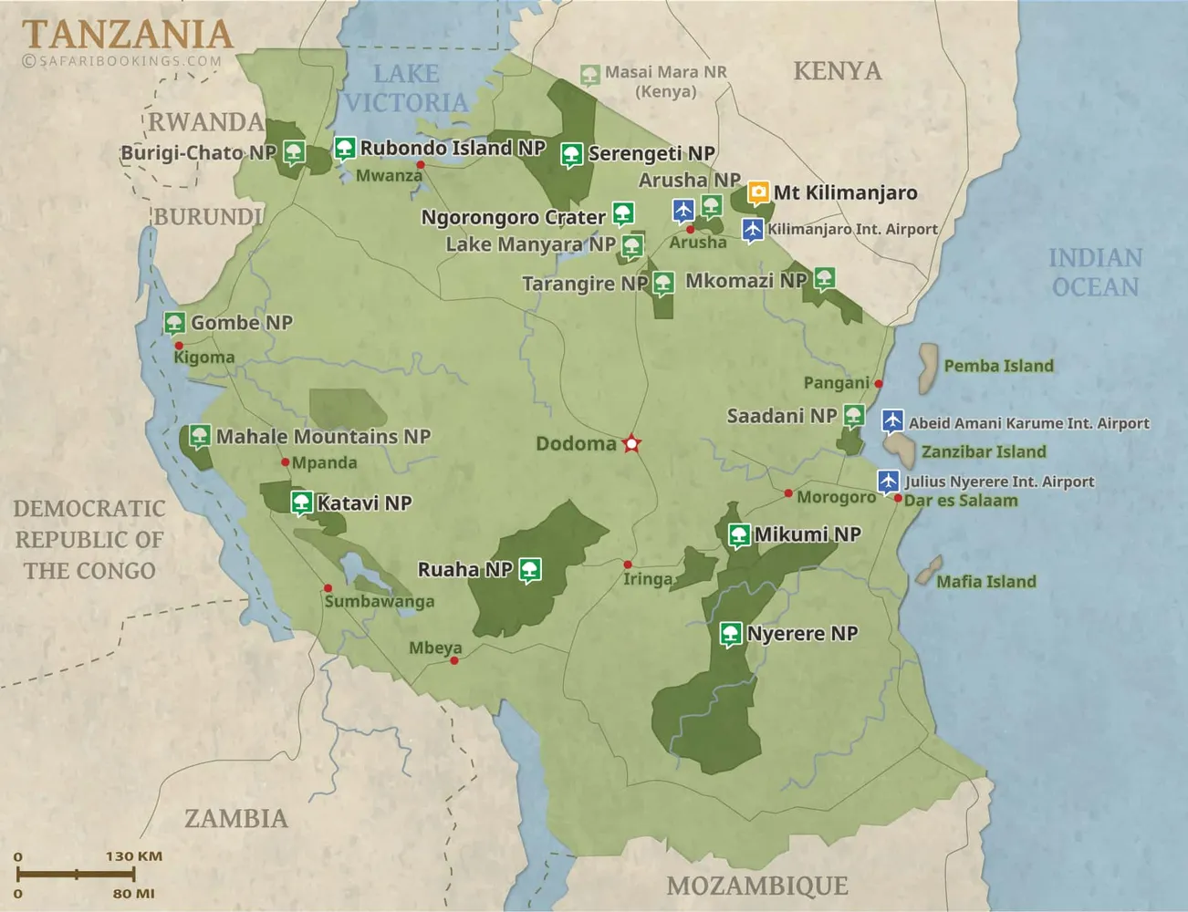 Map of Tanzania highlighting key attractions