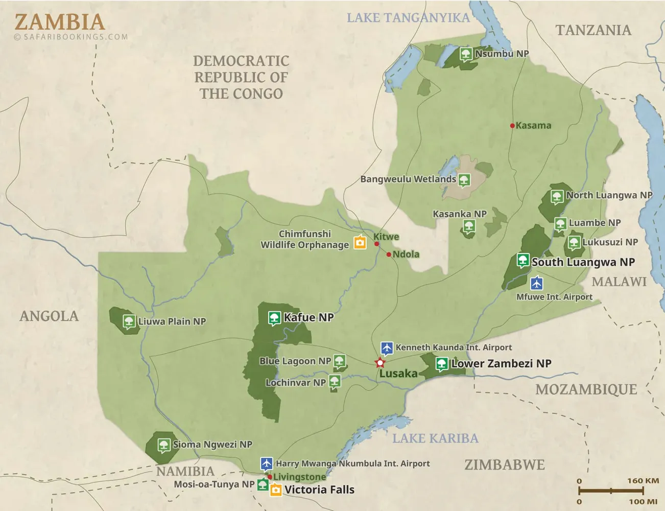 Map of Zambia highlighting key attractions
